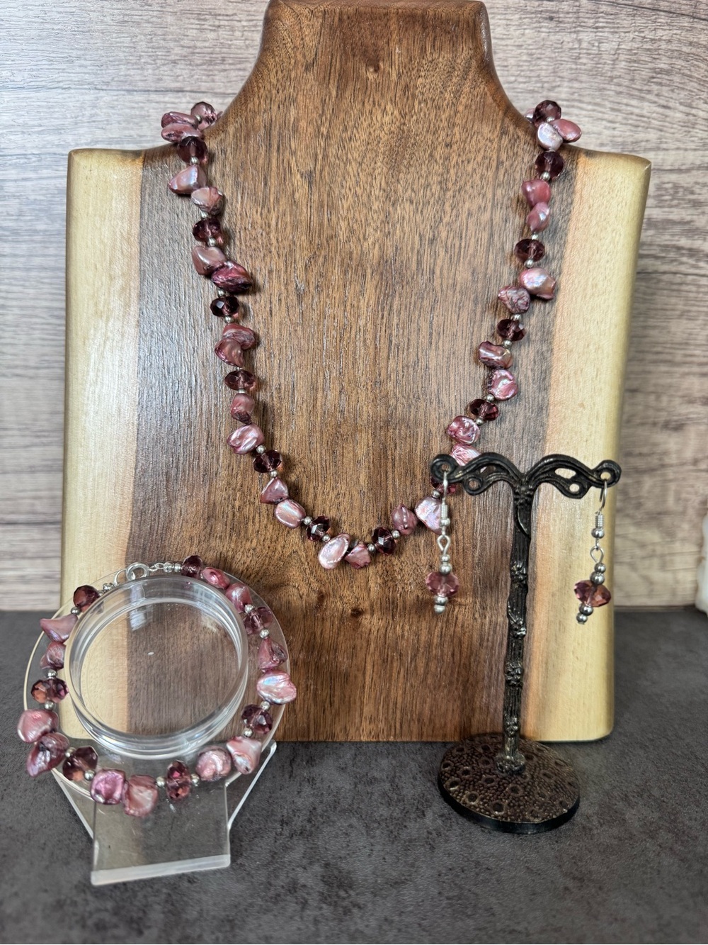 Handmade Link Freshwater Pearl & Faceted Glass Necklace, Bracelet & Earring Set